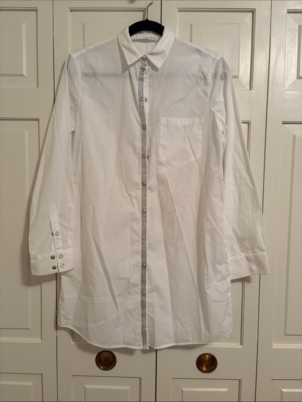 Zara White Long-Sleeve Mini Dress Shirt with Contrast Trim size S